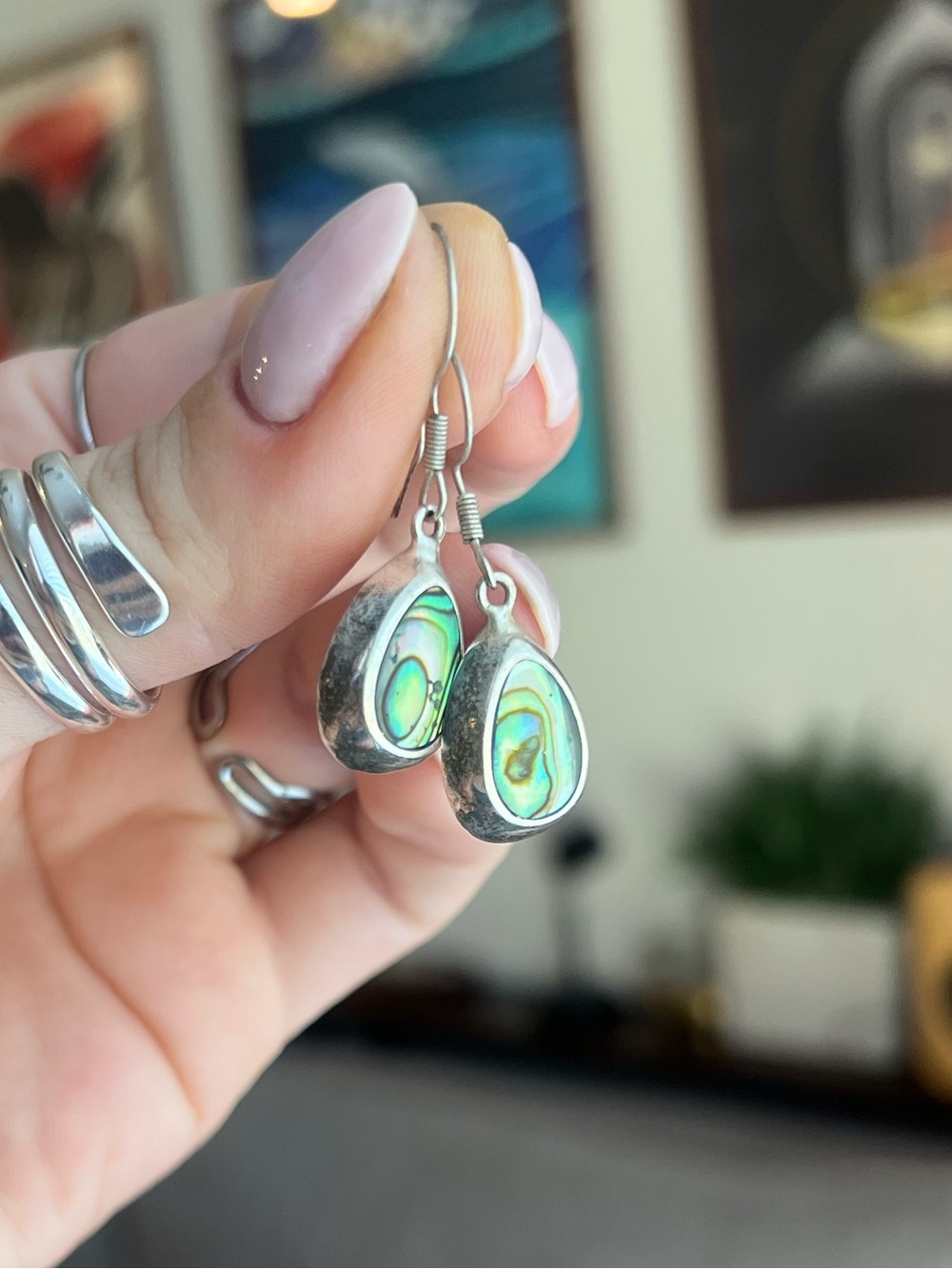 Sterling Silver Abalone Teardrop Dangle Earrings -
